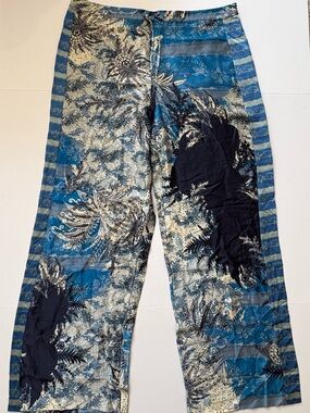 Elie Tahari Blue & Cream Patterned Silk Palazzo Pants XL